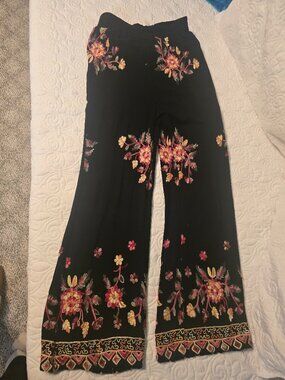 Forgotten Grace Black Floral Embroidered Wide Leg Boho Pants | 100% Rayon